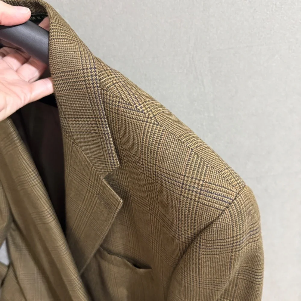 Lauren Ralph Lauren 100% Wool Glen Plaid‎ Blazer Brown Sport Coat Canada Made *